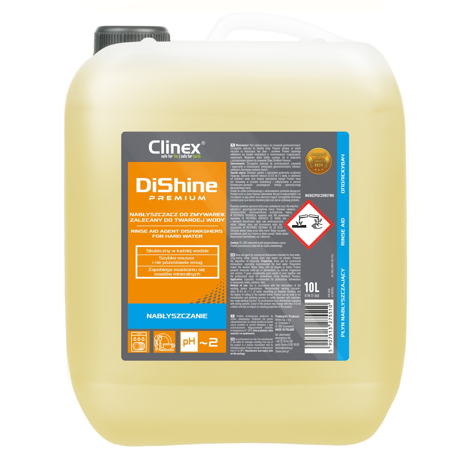 Clinex DiShine Premium — dishwasher rinse aid for very hard water, 10 L
